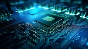 Close-up view of a semiconductor chip mounted on a printed circuit board, illustrating advanced microchip technology and connections.