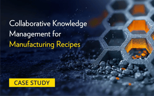 Case study banner featuring a hexagonal metal structure with glowing orange highlights, symbolizing collaborative knowledge management for manufacturing recipes.