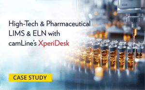 Case study banner showcasing laboratory vials being filled with liquid, representing high-tech and pharmaceutical LIMS & ELN solutions with camLine’s XperiDesk.