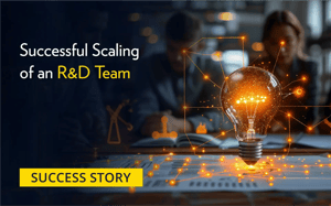 Success story banner featuring a glowing light bulb with digital connections, symbolizing innovation and the scaling of an R&D team.